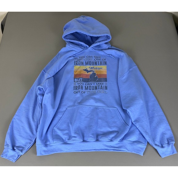 Gildan Tops - Iron Mountain Hoodie Michigan Girl Womens 2XL Blue Gildan Heavy Blend Sweatshirt